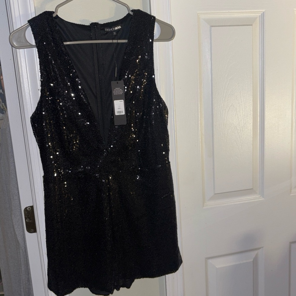 Fashion Nova Black Sequin V-Neck Crop Romper
